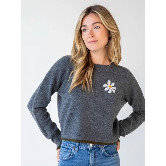 NATURAL LIFE Sweaters - Natural Life Intarsia Icon Sweater M Charcoal Daisy Boxy Pullover Crew Neck Cozy